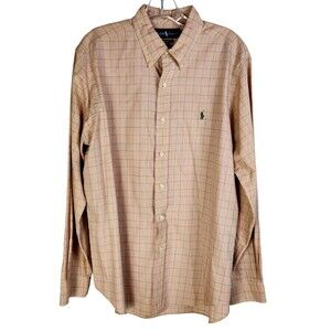 Ralph Lauren Mens Large Button Down Shirt Plaid Peach Green Lightweight